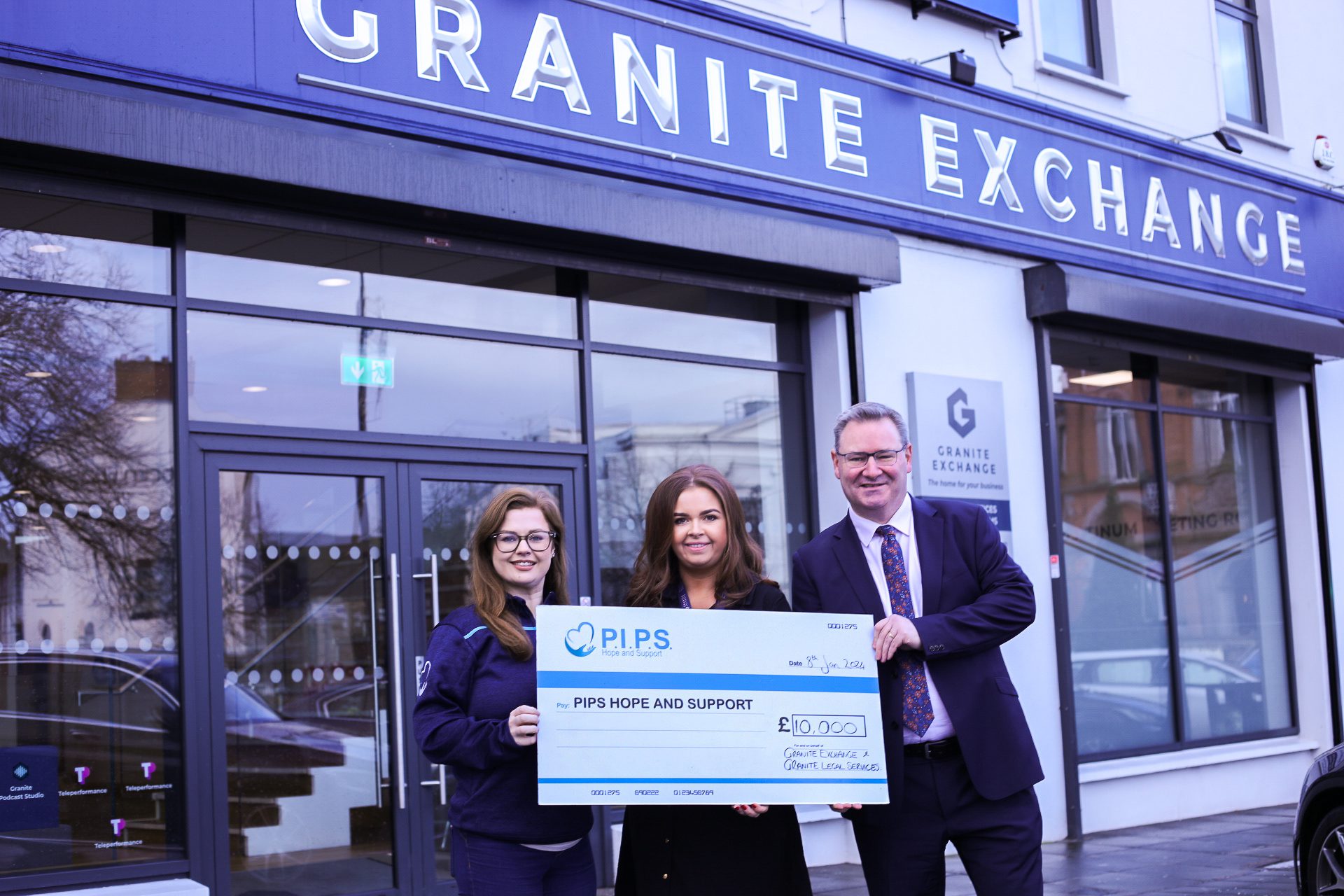 Granite Exchange and Granite Legal Services donate £10,000 to PIPS Hope and Support – helping to prevent suicide